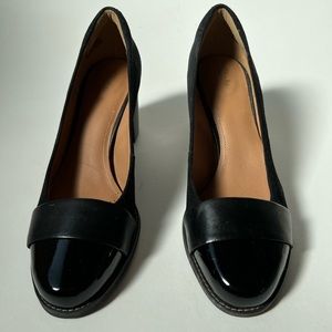 Clarks Tarah Brae black leather suede block heeled pumps, size 9 EUC